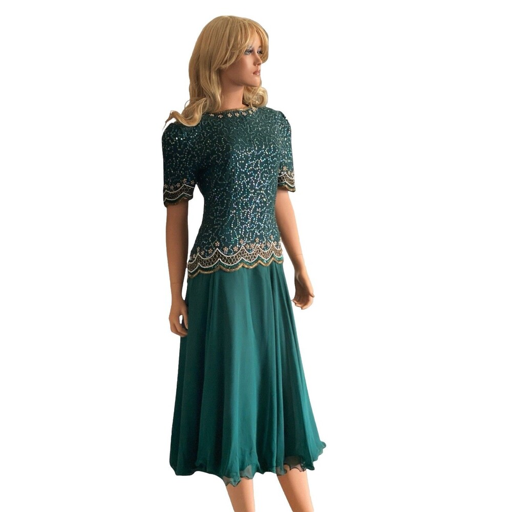 Vtg Laurence Kazar 100% Silk Sequin Beaded  Chiffon Dress Midi Sz Small Green